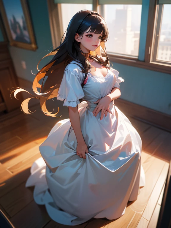 (realistic:1.5),(Raw photo:1.4), (realistic:1.3),(masterpiece), highest quality, highest quality, Highly detailed CG Unity 8K wallpaper, detailed and complex, original,High resolution, [:(detailed face:1.2):0.2],film grain, Fujifilm XT3, (High resolutionスキン:0.9), 8K,(Ulzzang-6500:0.9), balcony, show by rock!!, light smile, cleavage, detailed gradient background, full body, sunlight,because I&#39;thin,pretty dress,beautiful hand shape, full body