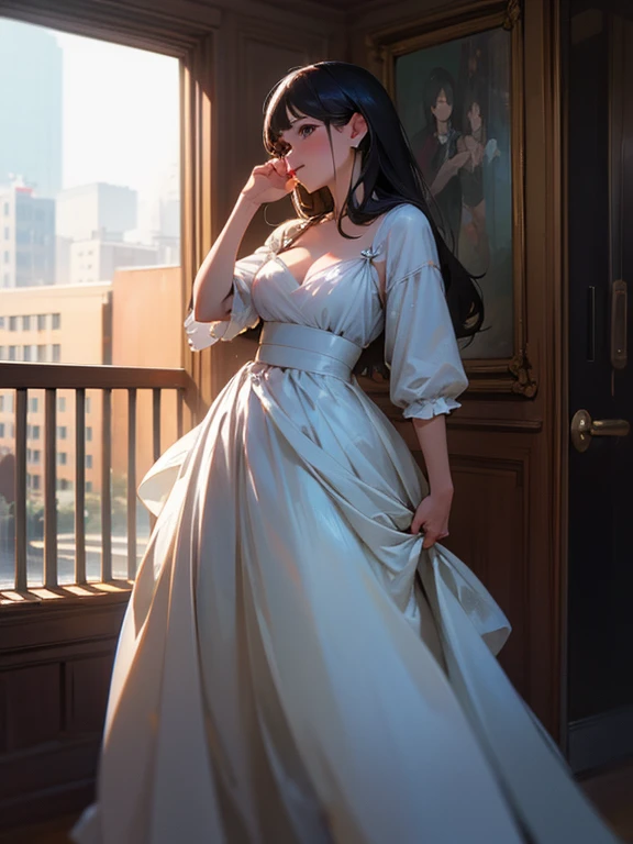 (realistic:1.5),(Raw photo:1.4), (realistic:1.3),(masterpiece), highest quality, highest quality, Highly detailed CG Unity 8K wallpaper, detailed and complex, original,High resolution, [:(detailed face:1.2):0.2],film grain, Fujifilm XT3, (High resolutionスキン:0.9), 8K,(Ulzzang-6500:0.9), balcony, show by rock!!, light smile, cleavage, detailed gradient background, full body, sunlight,because I&#39;thin,pretty dress,beautiful hand shape, full body