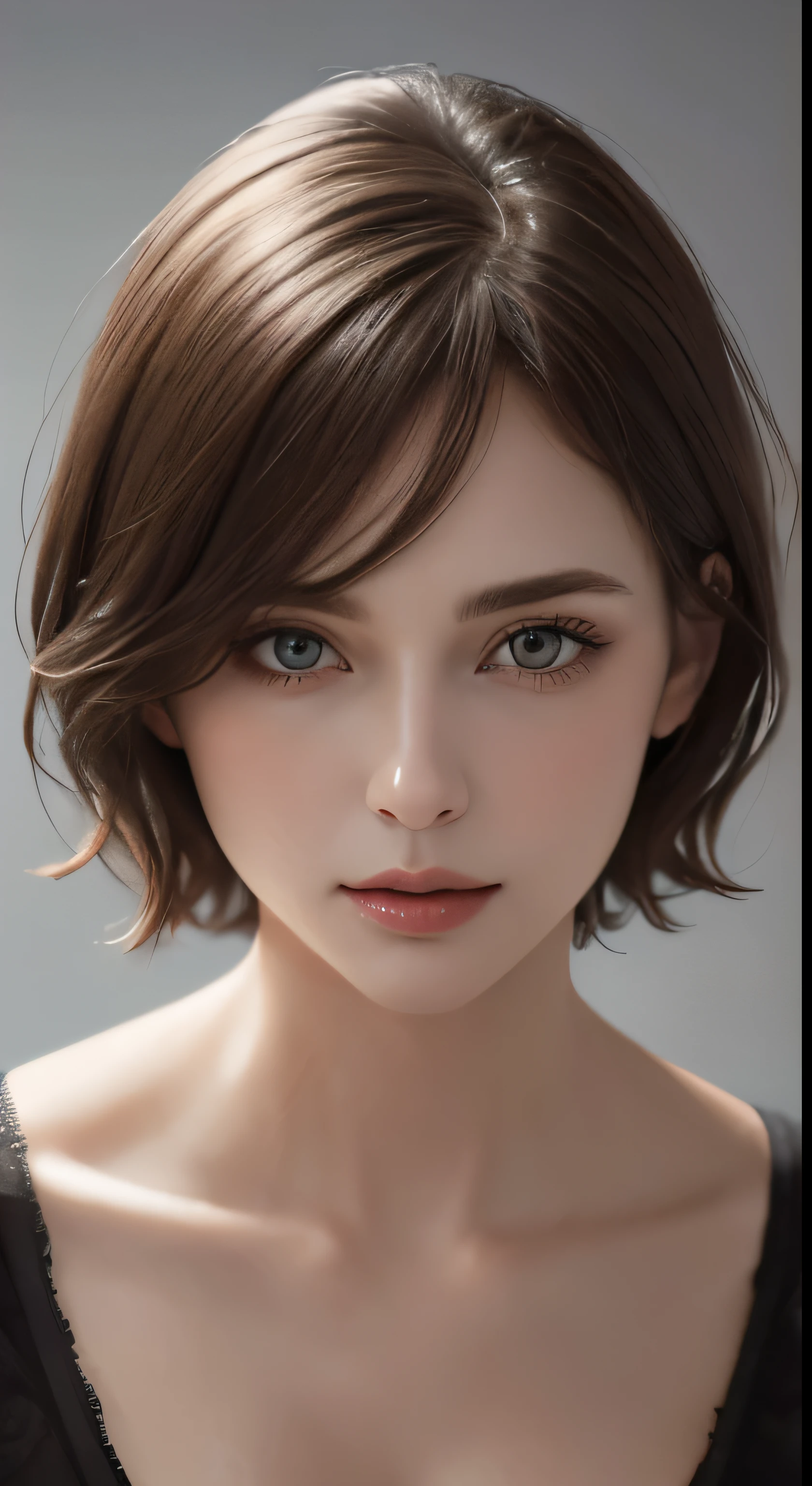 cinematic lighting、perfection、soft light、high resolution skins:1.2、realistic skin texture、30 year old mature woman、small face、no makeup、bust B cup、beautiful little brown eyes、short hair、dark brown hair、cool beauty、gray background