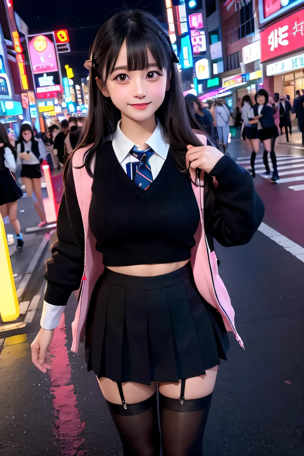 high angle shot、center view、A woman standing in a neon street at midnight、amazingly cute 、japanese girl uniform、Summer clothes black mini skirt、Yulurea 、loafers、She wears black tights that show a little bit of skin.、black tights、Japanese high school 、Nogizaka Idol、plump thighs、Full body Esbian