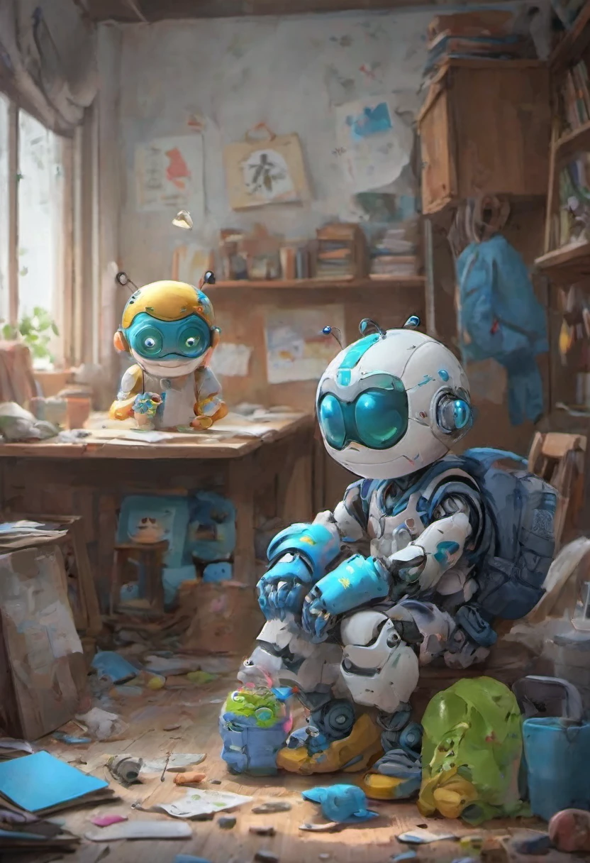 The robot comes home from school、A scene where he looks at the pile of homework on his desk and sighs.。the robot is disappointed、A pile of homework seems like a big burden for a robot。There is a school backpack in the background、The room is bright and sunny、The robot is not feeling well。