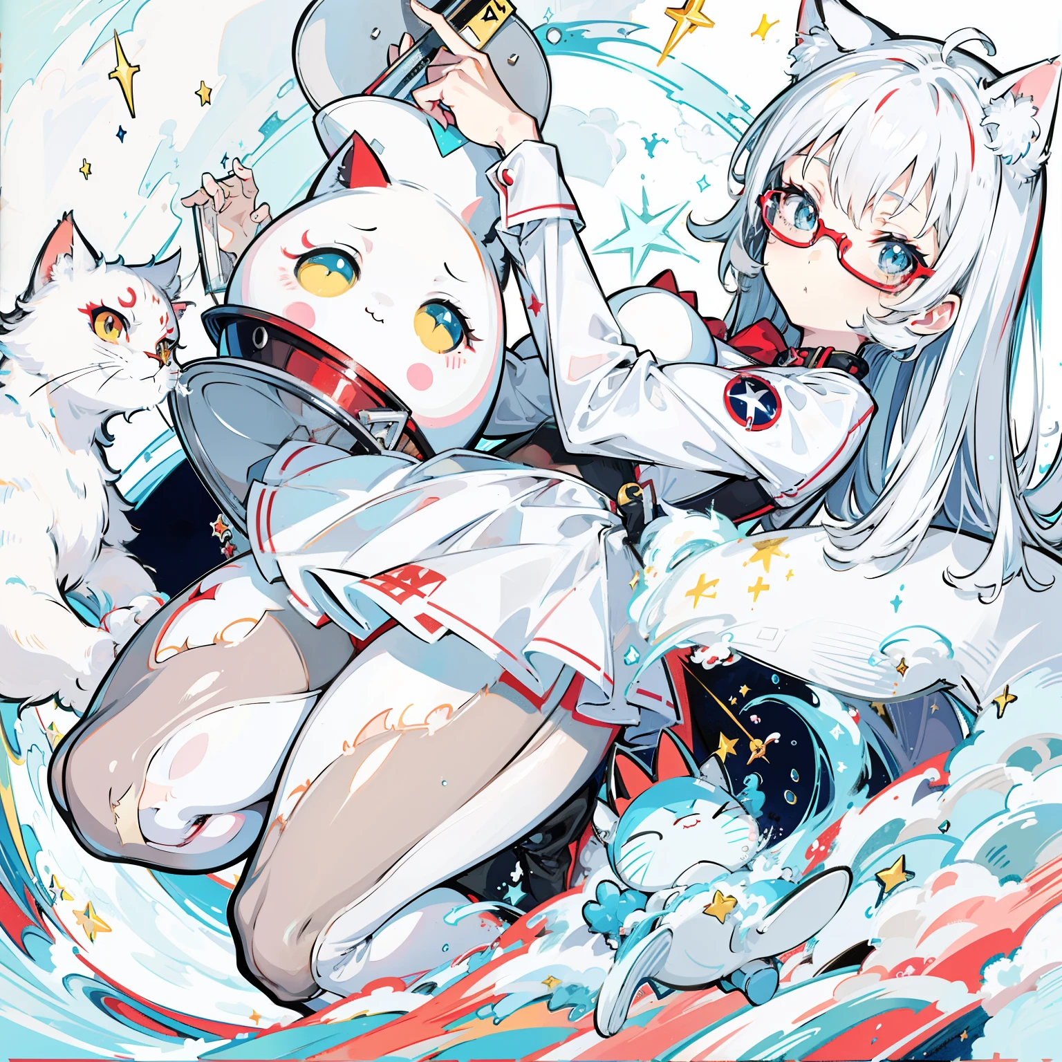 Animation cartoon of a woman wearing a red cat suit and glasses, white catwoman, anime catwoman, , internal medicine rice, Anime cute art style, cute anime catwoman, wear glasses, anime girl squatting, wearing clothes, catwoman, seductive anime girl, Neferpitou, catwoman, beautiful anime catwoman,Full color image,starry sky background,Paintbrush and paper surround,Blue five-pointed star on right cheek,best quality