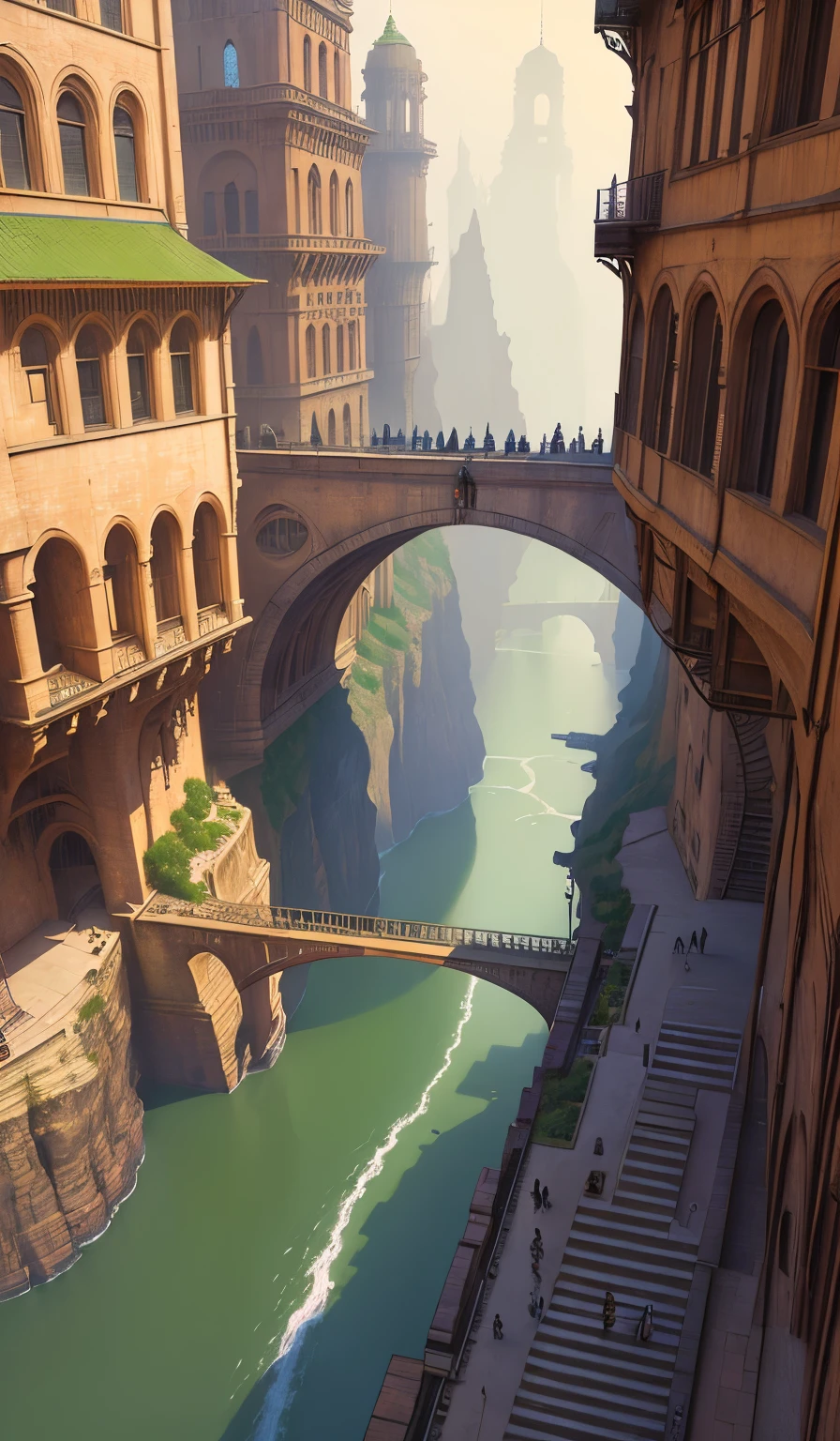 ((masterpiece)),((best quality)),((high detial)),((realistic,))
Industrial age city, deep canyons in the middle, architectural streets, bazaars, Bridges, rainy days, steampunk, European architecture