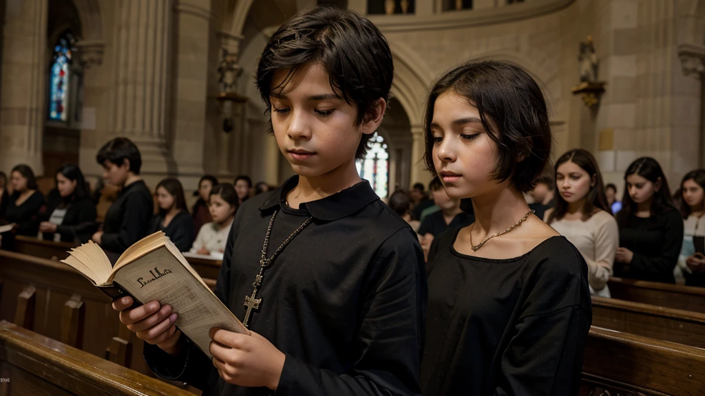 boy in black blouse with book in hand in church and rosary