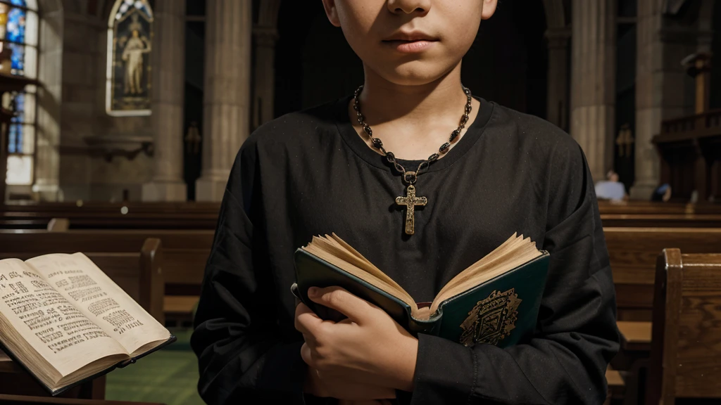Create a Pixar-type drawing of a  making his first communion in a full-body black dress, smiling and with a Bible in his hand. 