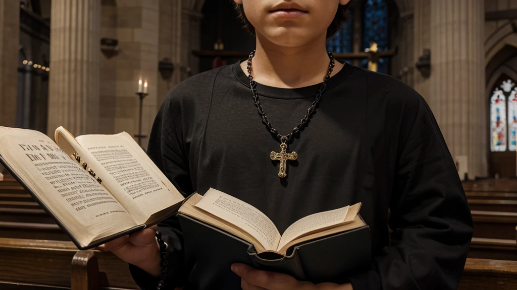 12 year old boy in black blouse with book in hand in church and rosary
