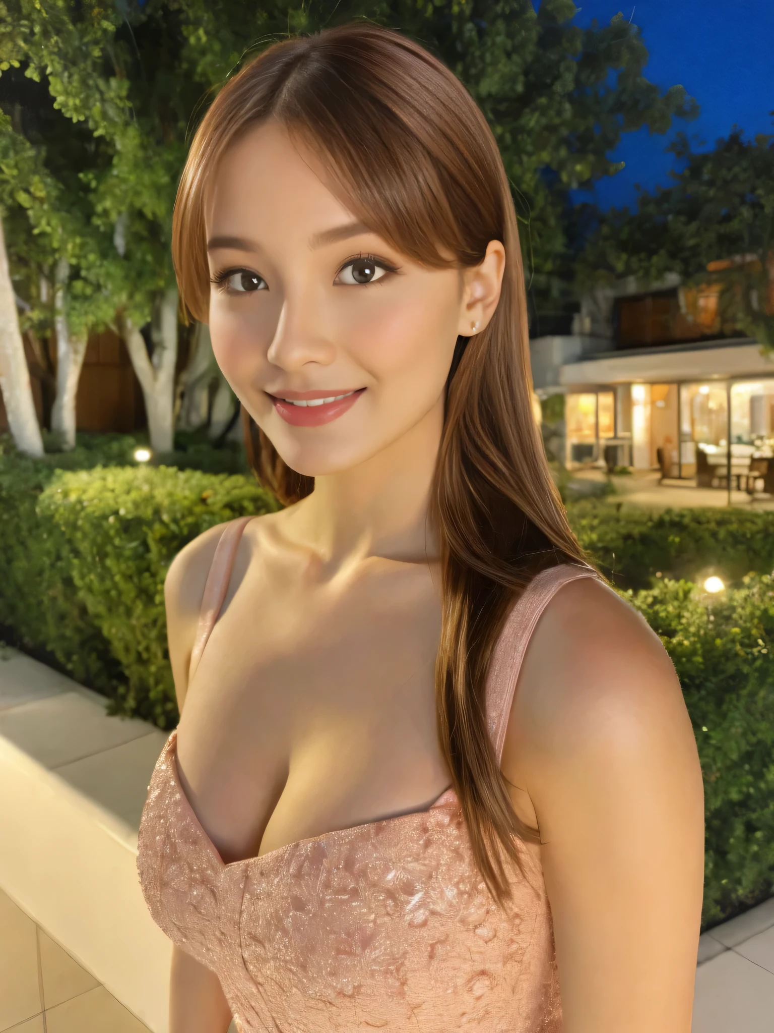 (masterpiece:1.2,highest quality),Photographed with an ultra-wide-angle lens,blur the background, Night background,1 High school girl,emphasizes the chest,(medium breasts),Cute  ,auburn hair,detailed and beautiful eyes,blushing face,healthy skin,looking at the viewer,smile,(resort scenery),8K resolution, seductive V neck corset