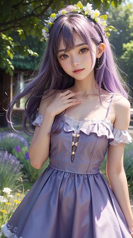 goblin、young woman、Lavender colored dress、Lavender colored hair、Transparency、surrounded by lavender、flower garden、Angel、People in the center、pale light、long hair、ribbon、頭に大きなribbon、smile、upper grade、put your hand on your face