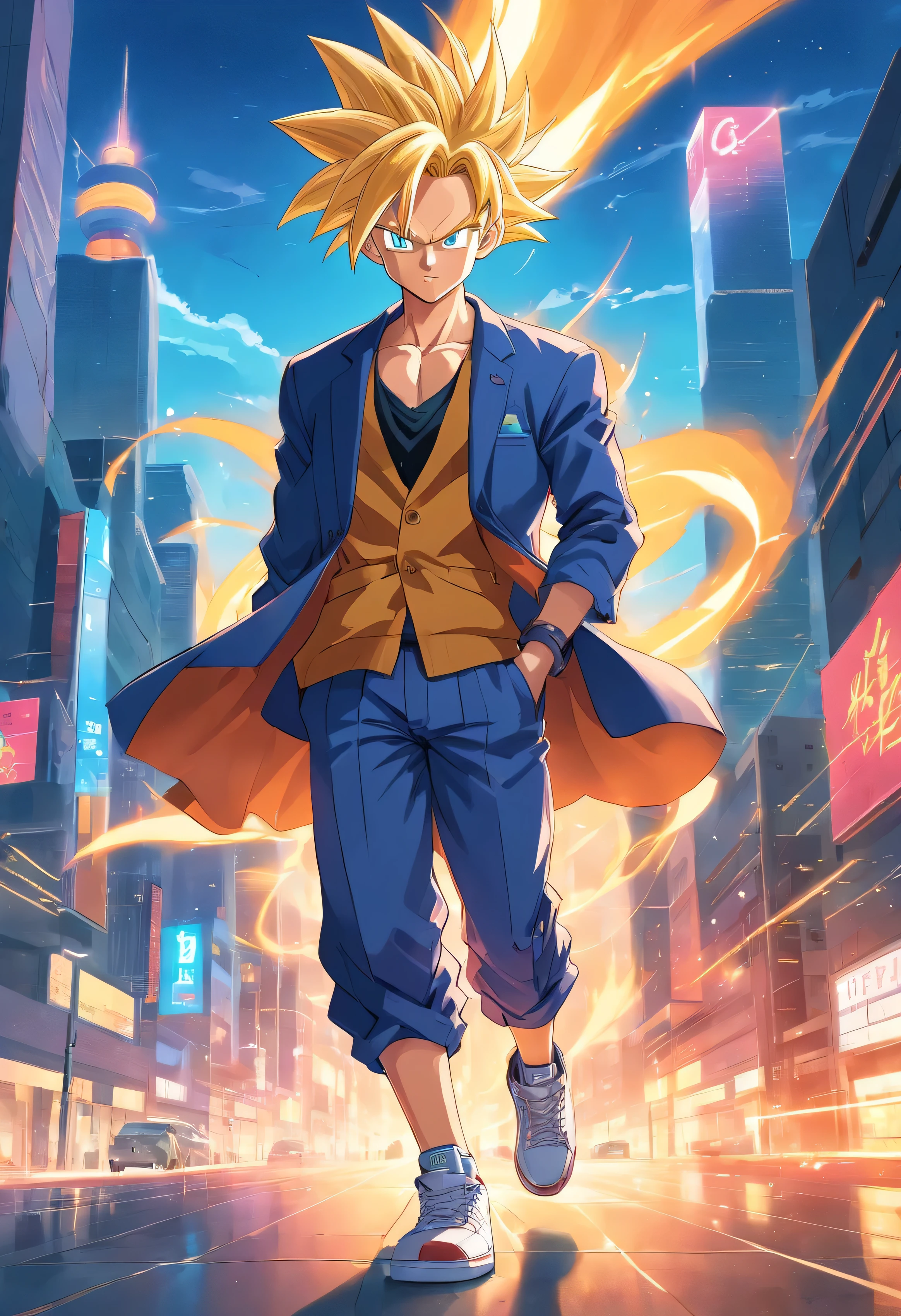 Super saiyan Trunks wearing blazer & sneakers