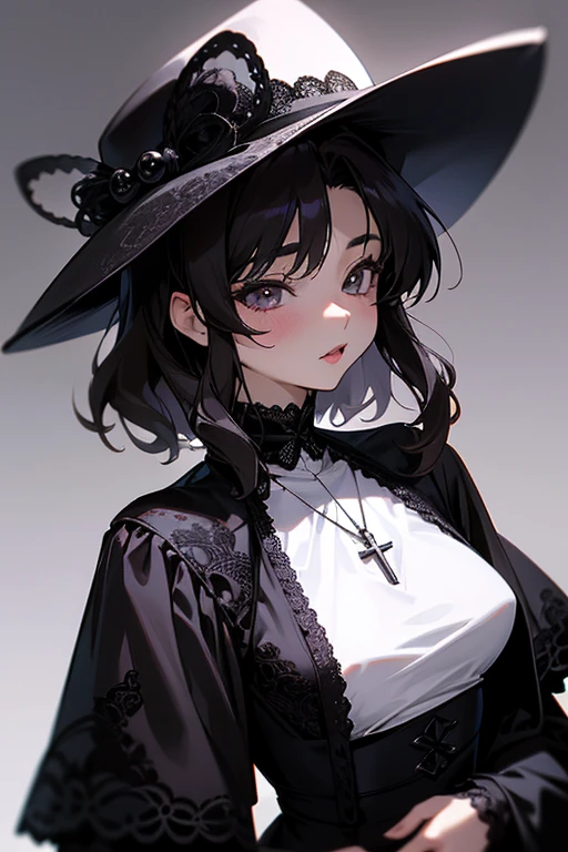 Akina Nakamori、black lace dress、25 years old、beautiful woman、Sexy、White cross necklace on chest、gothic style、miniature small hat、Sharp and cute、Beautiful woman、