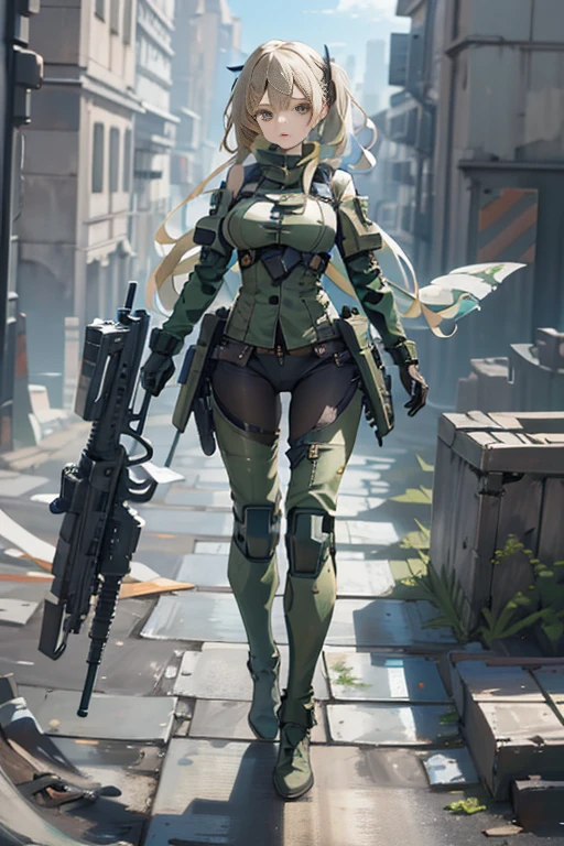 Beautiful female soldier in a green uniform holding a gun,tattered military gear, mechanized soldier girl, oversized mechanical exoskeleton arms and legs,girl in mecha armor,mechanized valkyrie girl,infantry girl,Barely Clothed, cammo patterns,Beautiful Face,Digital Art,Extreme Detail,Character Design,Volumetric Lighting,Reflections,Glossy,Digital Illustration,Pose,dynamic pose,Lewd,Full Body Shot,(complicated background),(Delicate images),(Photorealistic: 1.4),(Highly detailed),(high resolution),(Best quality),(masterpiece)