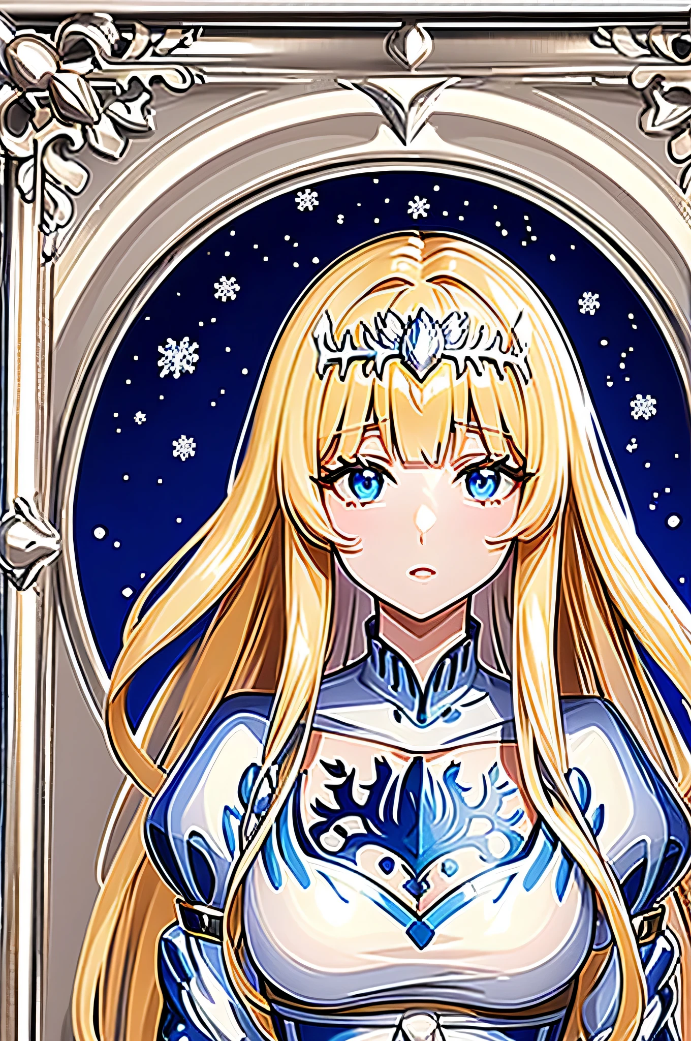 1 Lady、(masterpiece、top-quality、top-quality、Official art、Beautifully Aesthetic:1.2)、(1girl in)、ighly detailed、(Fractal Art:1.3)、colourfull、highestdetailed、Beautiful rendering、amazing wallpapers、picture frame、Detail Frame、Snowflake、robe blanche、Snowflake, 1girl, solo, Calca, Calca Bessarez, blonde hair, extremely long hair, very long hair, white tiara, white dress, blue eyes, medium chest