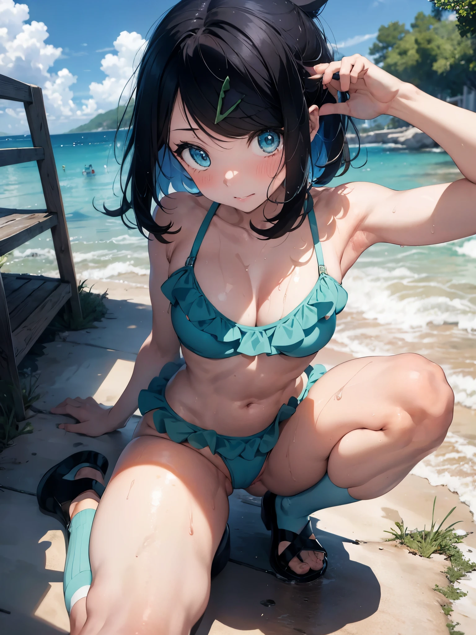 (NSFW:1.3)、nude、 ,pokemon leak, hair clip、(Frill bikini wiTh whiTe minT green lines:1.2)、blue eyes、
 ,,,SweaT, weT wiTh SweaT, Shin, heels, feeT, five fingers, fine hands, , alone, ,  feeT, (socks:0),i don&#39;t&#39;T&#39;flip flops, release feeT, , release feeT, sandy beach,,dim、evening、, Thin, no muscles, normal body,