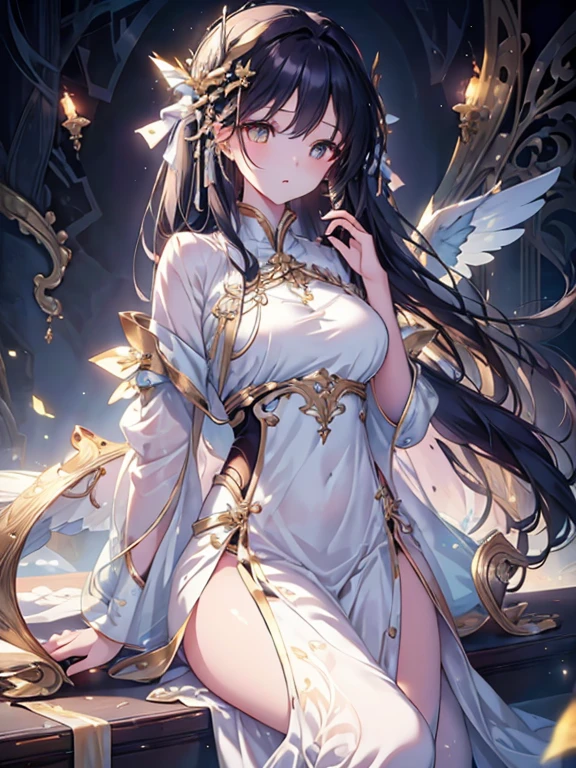 ((((absurdres, RAW photo, extremely delicate and beautiful, masterpiece, Best Quality, ultra high resolution, 32k, hyperrealistic, ultra-detailed)))), in her 20s, very Slim body, narrow waist, very small head, very small face, delicate facial features, beautiful face, beautiful eyes, very huge round tits, medium hair, black hair, wavy hair, tearful mole, earring, full body shot, ((cheongsam)),