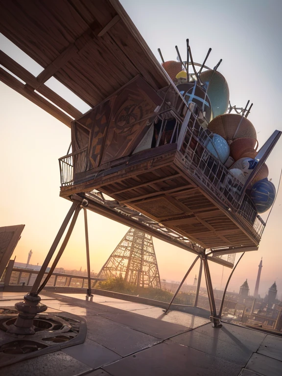 Lebbeus Woods, Paul Klee, Giorgio de Chirico, Surreal, mysterious, bizarre, fantastical, fantasy, Sci-fi, Japanese anime, Ferris wheel, Roman wooden architecture, beautiful girl in a miniskirt, perfect voluminous body, stacked spheres, cubes, cones, triangular prisms, desks, chairs, umbrellas, towers of objects, detailed masterpiece low angles perspectives Hyper realistic sharp focus zoom in