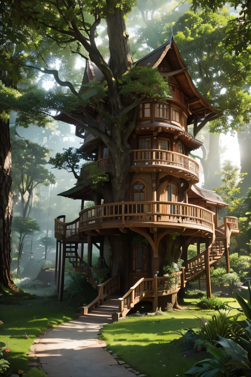Landscape of a beautiful fantasy three tier tree house, highly detailed, clear photography, photorealistic, soft pastel colours, highly detailed, intricate, path tracing, illustration, insanely detailed, shadow mapping volumetric light, specular lighting