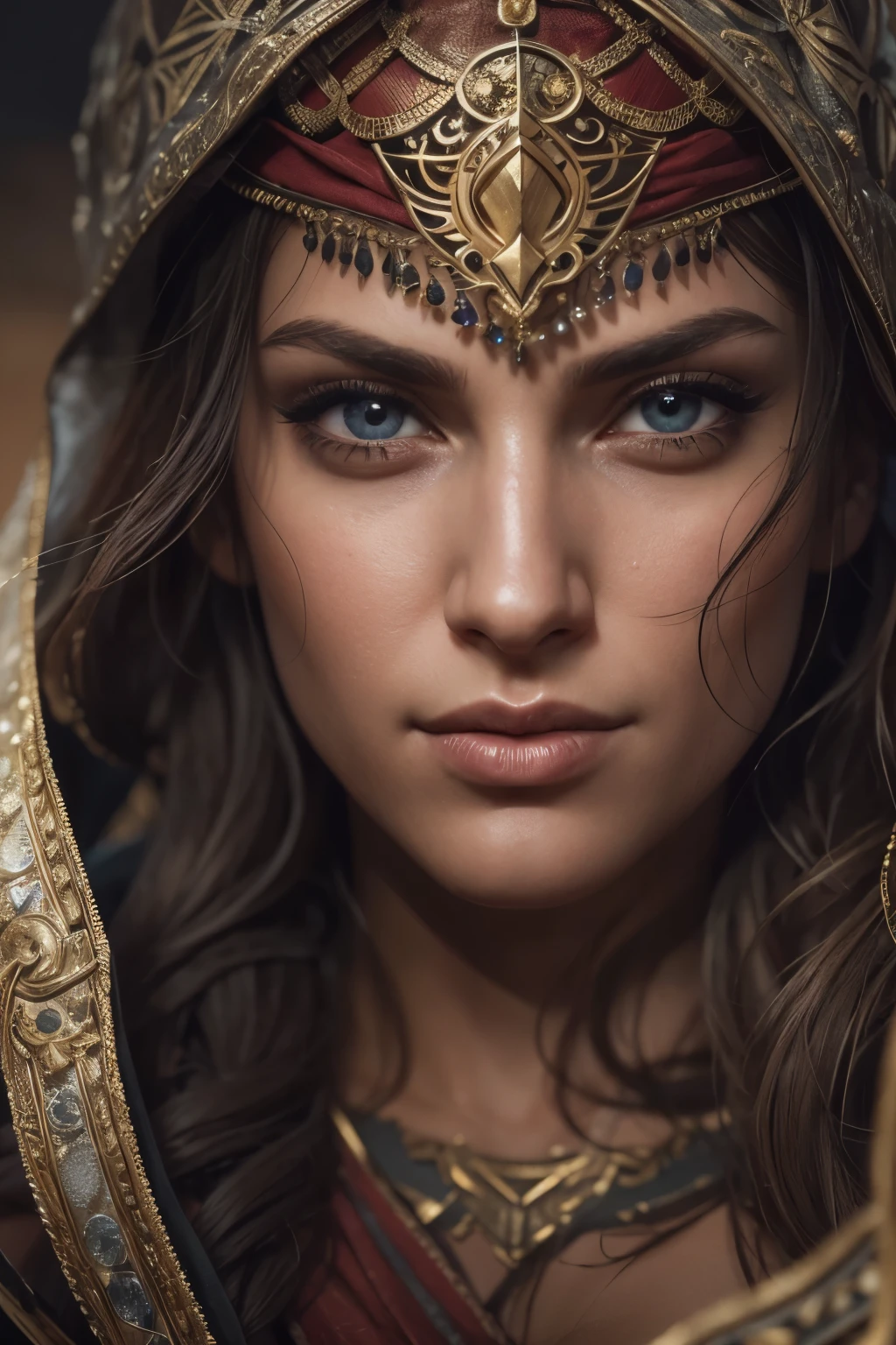 In the intricately detailed world of Assassin's Creed Universe, we find Kassandra, a fierce and enigmatic assassin. her face is a masterpiece of artful realism, with each feature meticulously rendered in exquisite detail. The corners of her lips are drawn with a precise hand, the curves and lines capturing every subtle nuance of expression, creating Detailed Lips that hold secrets and stories.

Her eyes are equally entrancing, gazing out with a keen intelligence and unyielding determination. Detailed Eyes that shine with a depth of emotion, the irises a swirling vortex of intricate texture, each twinkle and glint an invitation