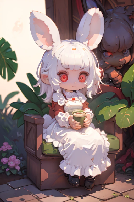 voxel,(3D Big Pixel Art,3D Pixel Art),white background,Large pixels,alone,#1 girl(3D Pixel Art:2.0,Chibi,cute,cute,white hair,length,hair,Bunny ears,white dress,red eyes,Big eyes,white skin,Drinking tea quietly, sitting on a chair),(3D Pixel Art)