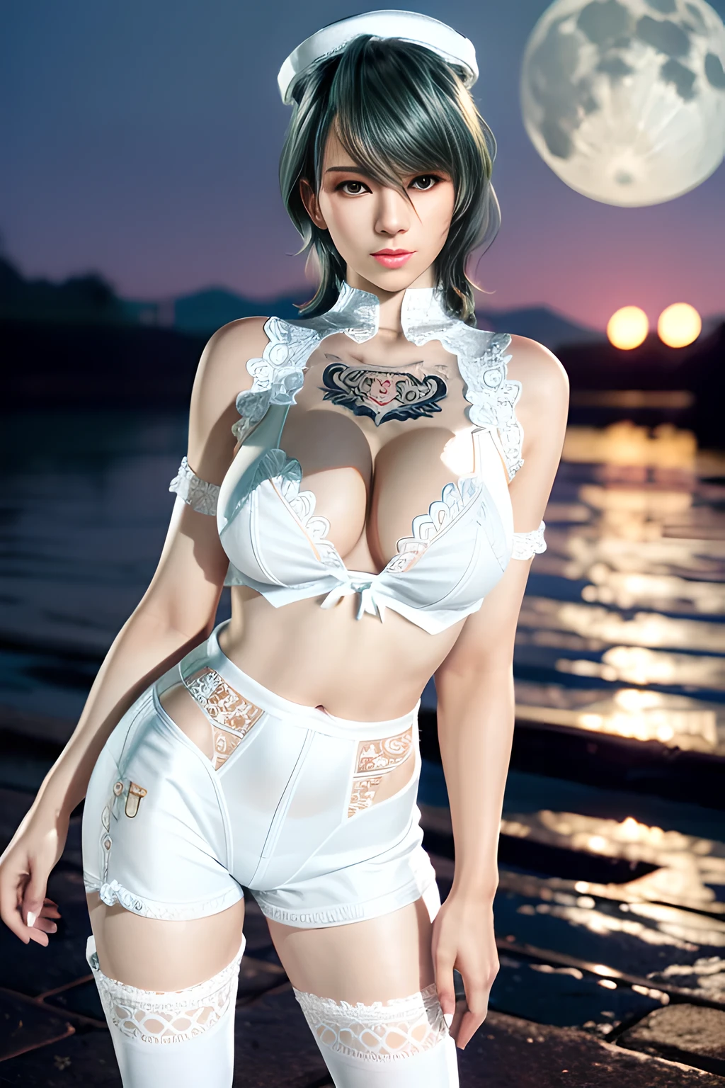 1 girl,standing posture,bare shoulders, pantyhose, bodysuit,( see-through:1.2),(((white bodystocking))), nighttime,moon,( huge breasts:1.1),cleavage,shiny skin,lip gloss,( tattoos:1.2), masterpiece, best quality, realistic ,Rich artistic colors, 8K,Portrait art,solo, tamaki