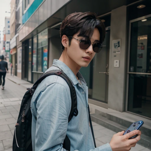 arafed man with headphones and a backpack holding a cell phone, male ulzzang, kim doyoung, jung jaehyun, jinyoung shin, inspired by Zhang Han, taejune kim, south korean male, cai xukun, with sunglass, handsome man, hyung tae, inspired by Kim Myeong-guk, hong june hyung, a handsome