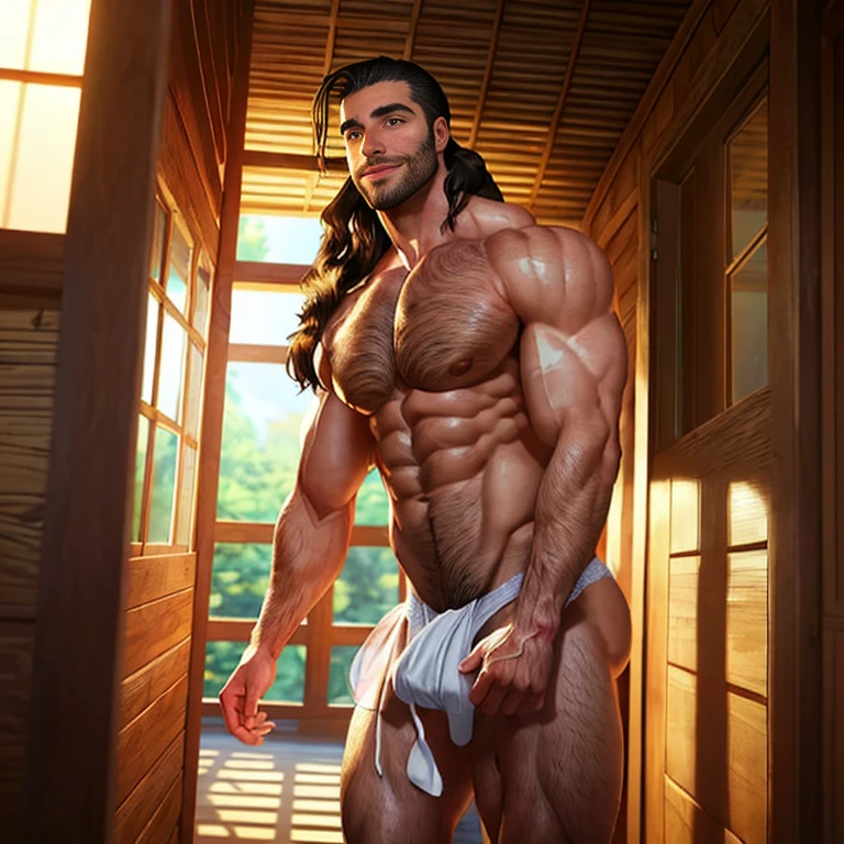 (((1boy))) (male) ((front view)) ((facing viewer))
Handsome, very detailed flawless face, detailed open eyes, very handsome, epic, heroic, pale skin,
(muscular) bodybuilder, ((big muscles)), ((large pectorals)), narrow waist, ((very very long hair, in mullet cut, bicolor)).
((hairy chest)), ((hair legs)), seductive smile, a small pendant, with a (small brilliant star shaped white gem), Realistic face, realistic eyes, topless, (no beard or body hair), mismatched pupils.
Wearing pink lingerie lace bikini.
Emerging from a (wooden house) entrance. It is (sunrise), cowboy shot.
Highly detailed fantasy art, dramatic volumetric light, artstation, beautiful modern fantasy illustration, ((anatomically correct)).