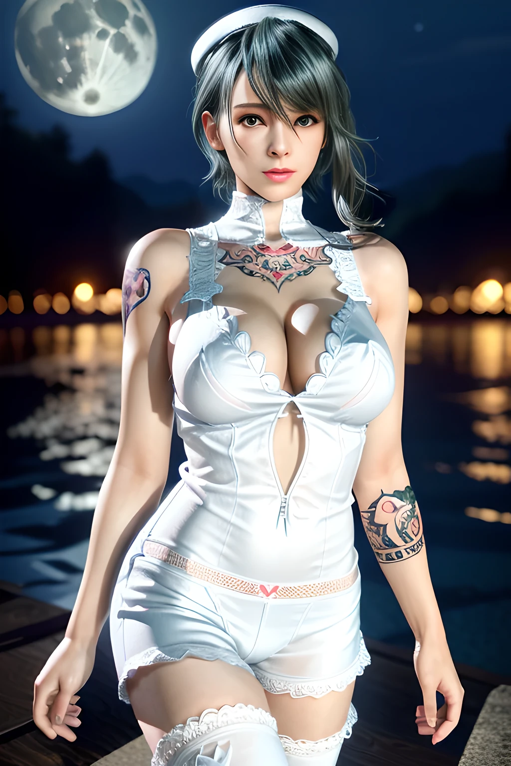 1 girl,standing posture,bare shoulders, pantyhose, bodysuit,( see-through:1.2),(((white bodystocking))), nighttime,moon,( huge breasts:1.1),cleavage,shiny skin,lip gloss,( tattoos:1.2), masterpiece, best quality, realistic ,Rich artistic colors, 8K,Portrait art,solo, tamaki