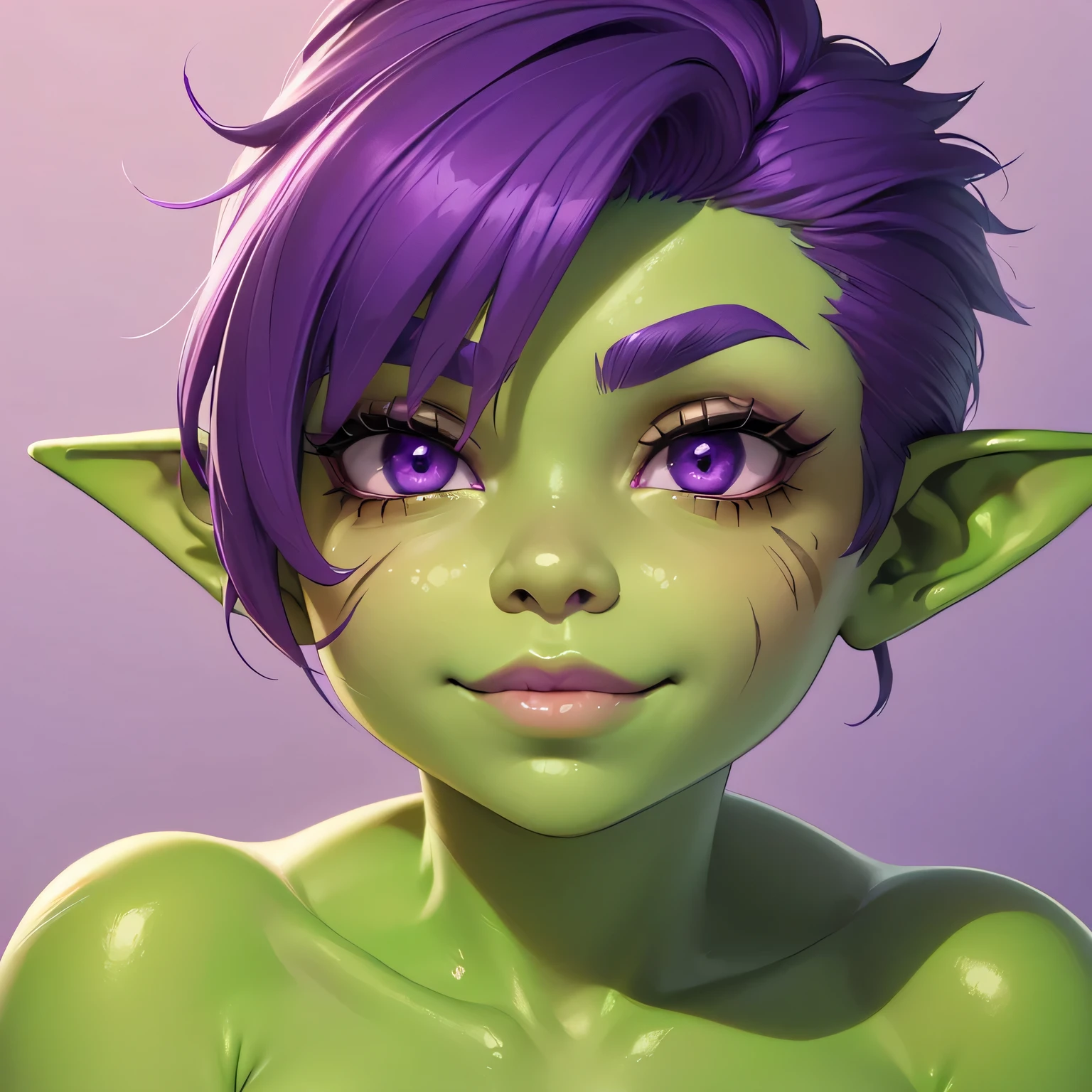 ((Solo)) ((Masterpiece)) ((Perfect Face)) ((Beautiful)) ((Short)) ((Curvy Figure)) ((Goblin Woman)) ((Green Skin)) ((Short Purple Hair Shaved on the Sides)) ((Purple Eyes)) ((Round Face)) ((Pretty)) ((Soft Features)) ((Happy)) ((Feminine Face)) ((Full Lips)) ((Cute Nose)) ((Thin Scar across eye))