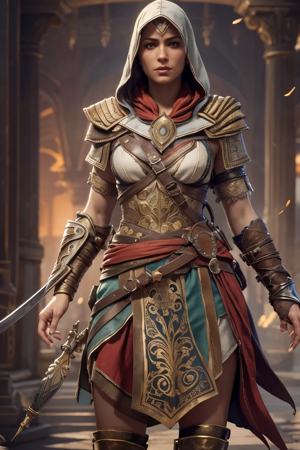 In the intricately detailed world of Assassin's Creed Universe, we find Kassandra, a fierce and enigmatic assassin. her face is a masterpiece of artful realism, with each feature meticulously rendered in exquisite detail. The corners of her lips are drawn with a precise hand, the curves and lines capturing every subtle nuance of expression, creating Detailed Lips that hold secrets and stories.

Her eyes are equally entrancing, gazing out with a keen intelligence and unyielding determination. Detailed Eyes that shine with a depth of emotion, the irises a swirling vortex of intricate texture, each twinkle and glint an invitation