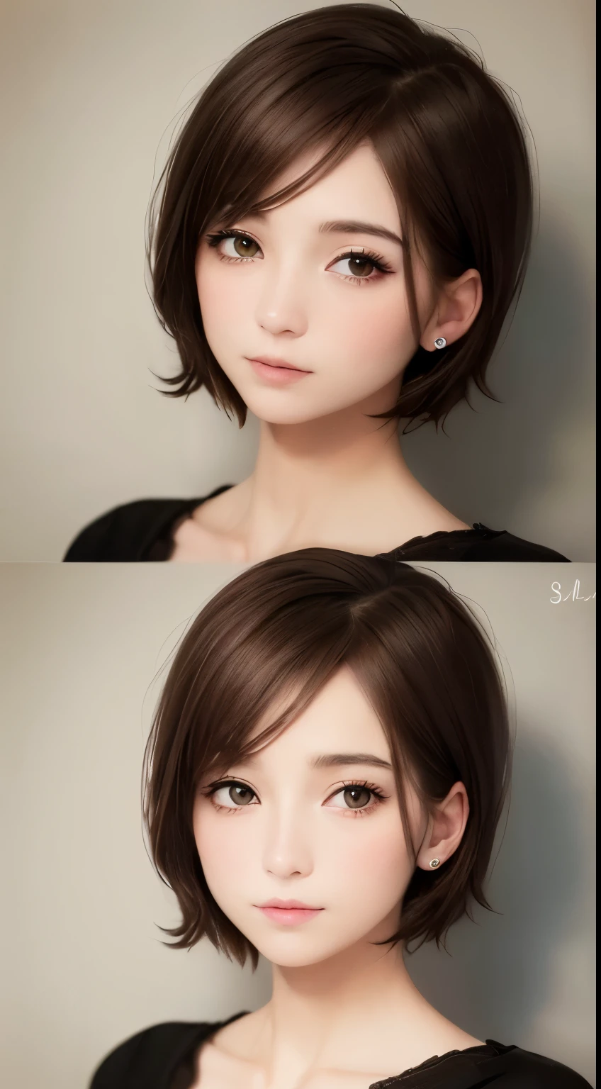 (masterpiece、highest quality、photogenuineistic、High resolution、photograph、:1.3)、close up shot、sharp focus、one brunette girl、30 year old mature woman、small face、no makeup、Highly detailed eyes and pupils、genuineな肌、slim body shape、bust B cup、、cleavage、wet hair、short cut hair、brown hair、delicate face、sensual gaze、glossy lips、((Wearing Henry's Shirt))、The background is、gray wall、((genuine、超genuine、genuineism、genuineなディテール))