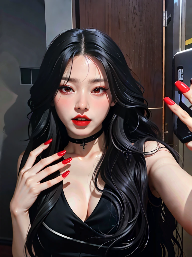 araffed woman with long black hair and red nails taking a selfie, cruel korean goth girl, goth girl aesthetic, popular south korean makeup, ulzzang, she has black hair with bangs, goth aesthetic, black wavy hair with bangs, long claws, hair blackbangs hair, long black hair with bangs, popular korean makeup, with index finger, with fingers