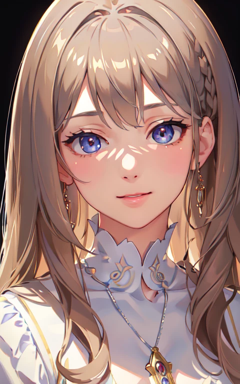 (masterpiece, finely be familiar with beautiful eyes: 1.2),((face close up)), (Light brown hair:1.2), (Zaffle's eye color:1.1), long hair, straight hair, (V-neck white knit:1.2), realistic lighting, beautiful lighting, ray tracing, realistic, (surreal:1.2), High resolution, 4k, 8K, (extremely be familiar with CG, 8K wallpaper:1.1), extremely be familiar with, sharp, digital illustration, be familiar with, realism, beautiful face, highly be familiar with face, Super realistic, masterpiece, be familiar with eyes, hyper-be familiar with, volume lighting, realistic shadow, intricate details, small details, Hilarious, gentle smile,, Silver_necklace (background white),Gentle atmosphere