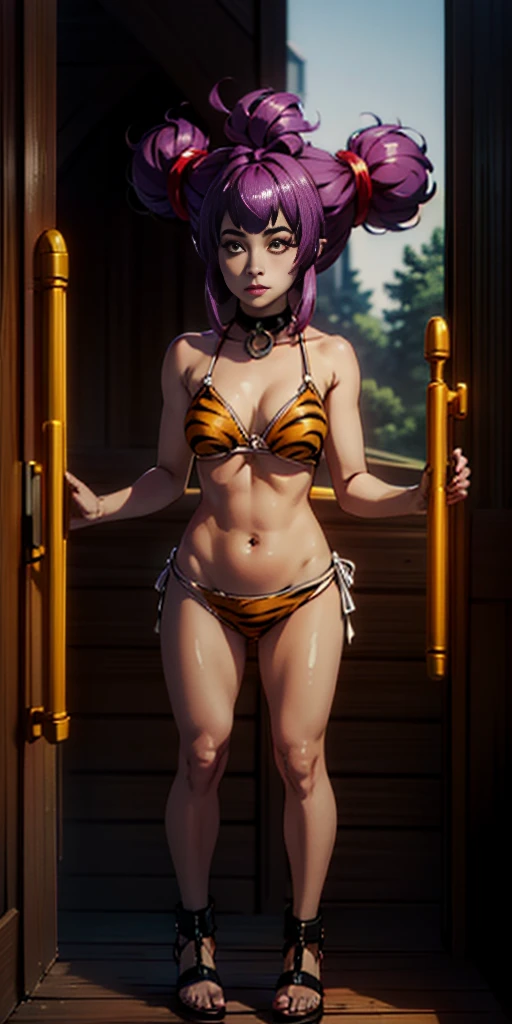 1 girl, bare shoulders, wearing a yellow tiger bikini, metal sandals, strong body, red tattoo under stomach, navel, purple hair, bun hair