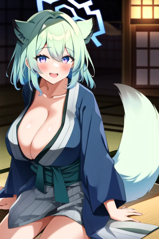 mayoi shigure, 1girl, solo, looking at viewer, blush, smile, open mouth, bangs, simple background, animal ears, cleavage, huge breasts, tail, japanese clothes, wide sleeves, pink eyes, official alternate costume, halo, obi, multicolored eyes, light green hair, yagasuri, grey kimono, bath yukata, weasel ears,