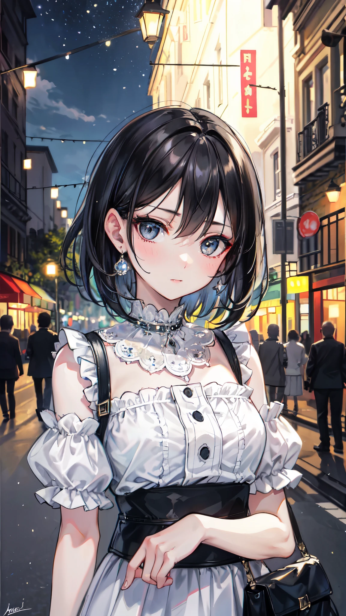 masterpiece, best quality, miranda, (halfbody shot,street lamps,moon),Masterpiece, 1girl, solo exhibition, beautiful woman on the bustling street, surrounded by hawkers, beautiful goddess girl portrait, beautiful and detailed face, porcelain skin, (((bust shot, center, night, black hair, short hair)), super soft lighting, symmetry, complexity, elegance, high detail, realism, art, concept art,