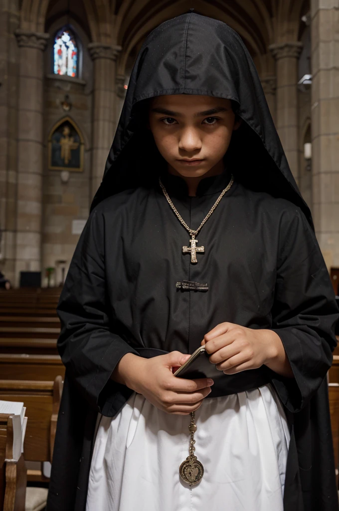 boy in black cassock and surplice with book in hand in church and rosary