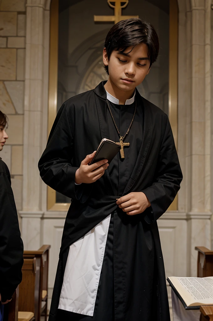 12 year old boy in black cassock and surplice with book in hand in church and rosary