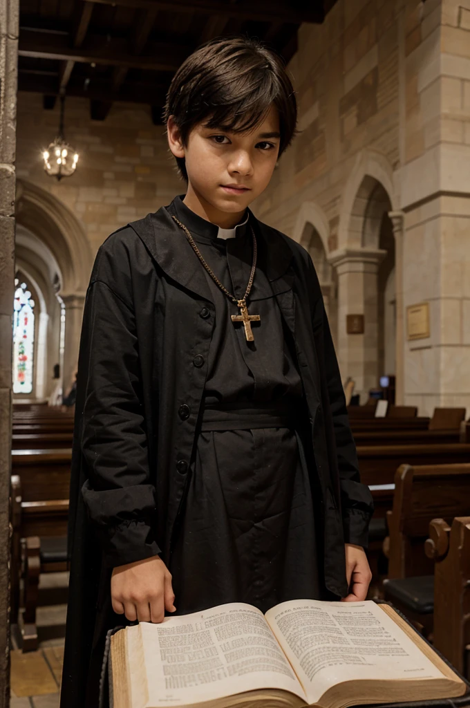 12 year old boy in black cassock and surplice with book in hand in church and rosary