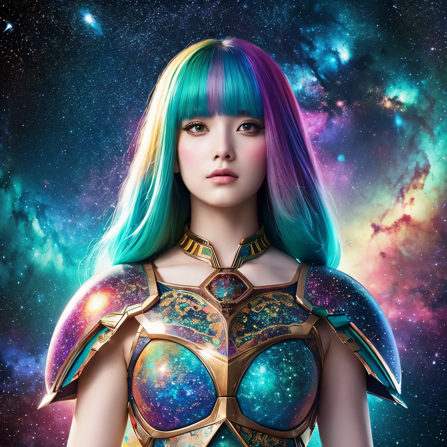 women with rainbow colored hair and detailed teal dress armor, standing, rainbow colored cosmic nebula background, stars, galaxies, intricate details, perfect face