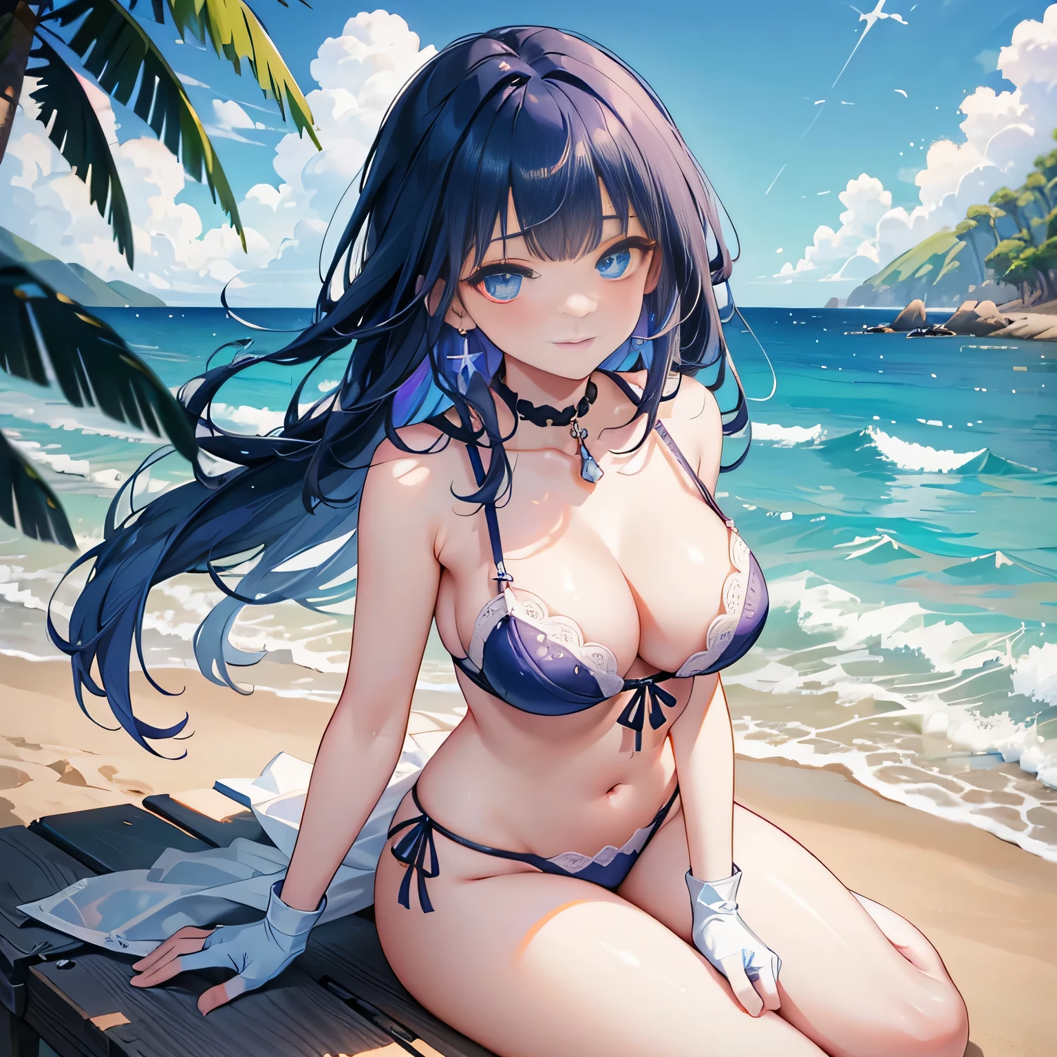 ★General Thunder Vulgar,((Raiden Shogun in Genshin Impact)),solo,((semi long beautiful dark blue hair,beautiful blue eyes)),
high angle,from above,cleavage, ((masterpiece, highest resolution,best quality)), (illustration),(white beautiful elegant bikini,string tied bra and panties), (flat sitting on the sand),gleaming skin,wet,
innocent smile, white over-kneehighs,Lace chalker, wristband, fingerless gloves, over-kneehighs,
Lace chalker, diamond necklace,wristband, fingerless gloves, earrings, windy,cinematic lighting and pause, beach, sand, blue sky, waves, coconut tree,fish,boat,sea gull,