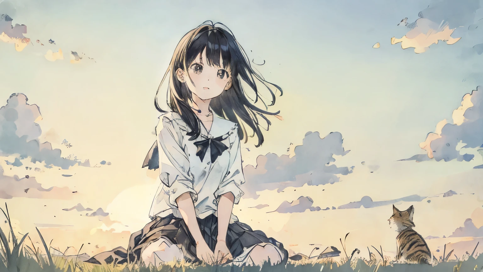 (1:1)kitten next to girl、field、sit、A cat toy in front、The sky is clear、The wind is blowing