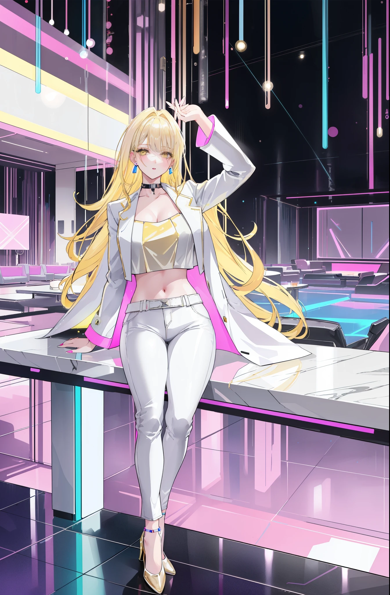 Female, Blonde Hair, Yellow Eyes, White Crop Top Overcoat, Pink Crop Top, Blue Neon Inline, Raining, Cyberpunk, Club Lounge, Long Blonde Hair, Drink in Hand, Earrings, Mature, Neon Lights, Nighttime Shot, Looking down at Viewer, Neon Lights, Lightshow Background, Party Room, Leather Sofa, Marble Table, Floating Bubbles, White Jeans, Silver Heels, Pale Skin, Pink Lips, Long Eyelashes, Smoking, Heavy Shadows, Detailed Face, Detailed Eyes, Full Body Shot, Sitting at Table, High Class Establishment, Grey Marble Table.