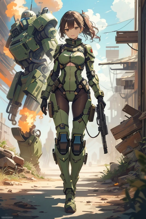 Beautiful female soldier in a green uniform holding a gun,tattered military gear, mechanized soldier girl, oversized mechanical exoskeleton arms and legs,girl in mecha armor,mechanized valkyrie girl,infantry girl,Barely Clothed, cammo patterns,(proportional face),(Neat face,detailed eyes),Beautiful Face,Digital Art,Extreme Detail,Character Design,Volumetric Lighting,Reflections,Glossy,Digital Illustration,Pose,dynamic pose,Lewd,Full Body Shot,(complicated background),(Delicate images),(Photorealistic: 1.4),(Highly detailed),(high resolution),(Best quality),(masterpiece)
