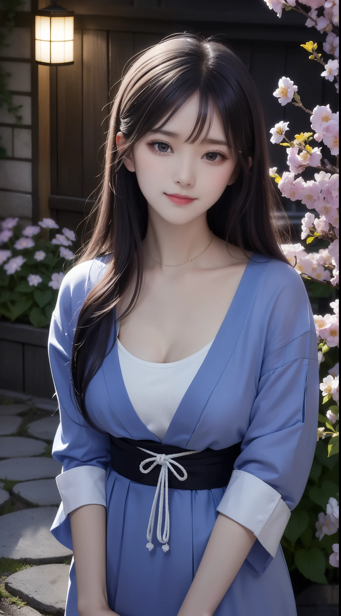 (chef-d'artwork, Besoin,1fille, seulement, intricate details, Vue vers le haut, différence de couleur), vrai photo,(Devant), (coupe d'shoulder), fente, fermer, sourire, Enhance sexy look,ouais miko, cheveux bleu violet, reflets bleu violet, yeux violets, regard vif, silhouette parfaitement symétrique, chemise fluo, revealing jacket, pull-over, appuyé contre le mur, Mur de briques, gribouillis, dim lights, ruelles, regarder le spectateur.((evil streaks, The neckline is attractive, les gros seins sont enchanteurs)) ,(((fond de fleurs de cerisier) )), ((((Fond de jardin de fleurs de cerisier japonais)))), (((Briller sur fond sombre)))