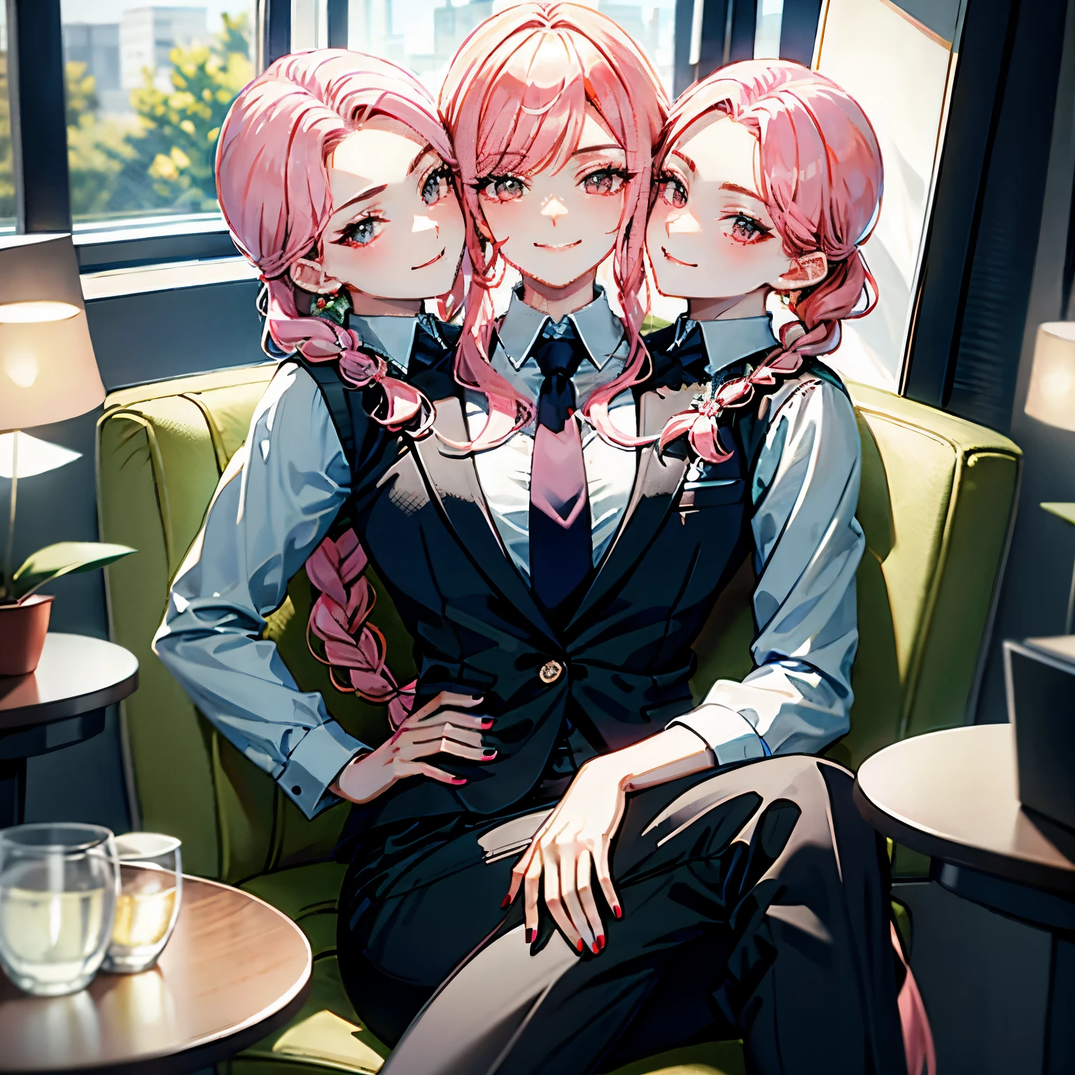 (masterpiece, best quality), best resolution, (3heads:1.5), dynamic angle, (masterpiece, best quality), best resolution, (3heads:1.5), dynamic angle, pink hair, blonde hair, black nails, smug, hand on hips, wink, braided hair, business suit, pants, tie, sitting, legs crossed, masculine, manly, muscular