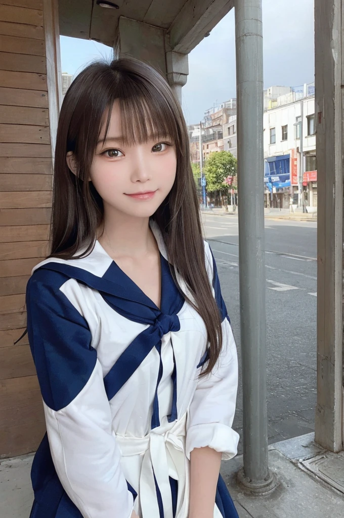 masterpiece, highest quality, High resolution,super detailed, amazingly beautiful woman,１girl, (beautiful girl, Delicate girl:1.3), (:1.4), break, (sailor suit:1.3), break, extremely fine-grained clarity, (symmetrical eyes:1.3), break, (In the city while going to school:1.3), break, small breasts, brown eyes, ponytail, brown hair,, break, (Eye and face details:1.3),A smile that shows white teeth,