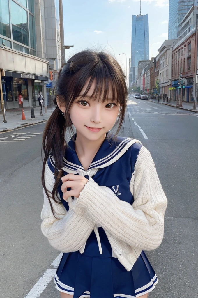 masterpiece, highest quality, High resolution,super detailed, amazingly beautiful woman,1girl, (beautiful girl, Delicate girl:1.3), (:1.4), break, (sailor suit:1.3), break, extremely fine-grained clarity, (symmetrical eyes:1.3), break, (In the city while going to school:1.3), break, small breasts, brown eyes, ponytail, brown hair,, break, (Eye and face details:1.3),A smile that shows white teeth,