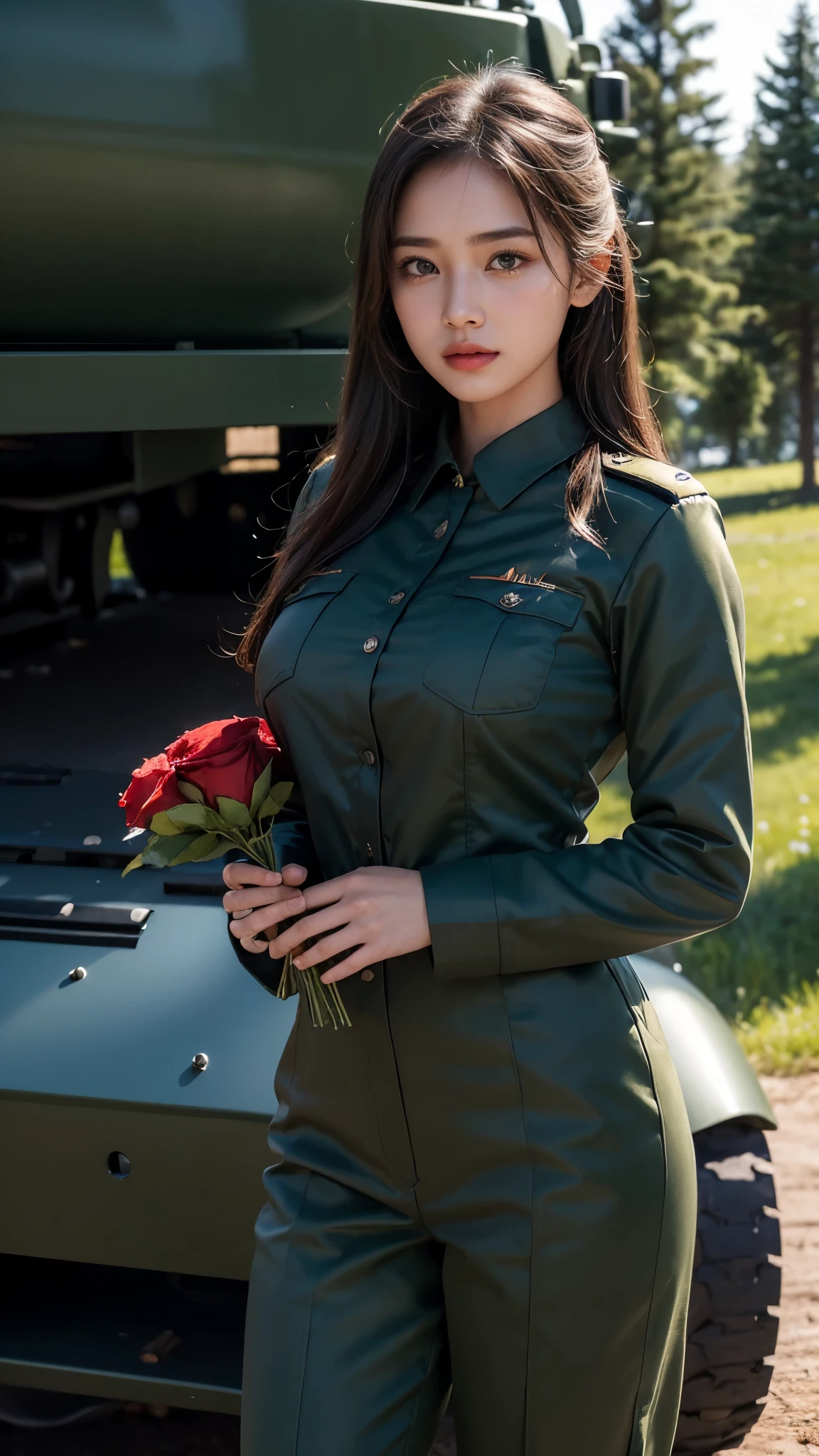 8k, highest quality, ultra detailed:1.37), Eliana, ((18 years)), a beautiful Asian girl, ((proudly stands in a military comando uniform)), representing her role as a commando. She wears a fitted luxury satin Silky Royal blue comando Shirt and Trouser. The high-resolution image captures ultra-detailed realism, highlighting Eliana's determined expression, piercing eyes, and confident stance. The backdrop showcases an forest, adding to the authenticity and significance of the image. This visually striking representation showcases Eliana's strength and dedication as a soldier, cute knees, ((Lake)), ((Pine trees)), Beautiful Smile 1:2, ((Detailed face)), ((Perfect body figure)), ((Detailed hair)), ((Detailed Dress)), Tanker, Army vehicle, ((S-500 missile launcher)), Missile fired from Launcher, 64k, heavy Armour vehicles, ((rose Flower in hand)), ((Super round breast under the uniform)), Comando Vehicle, Green Grass, 