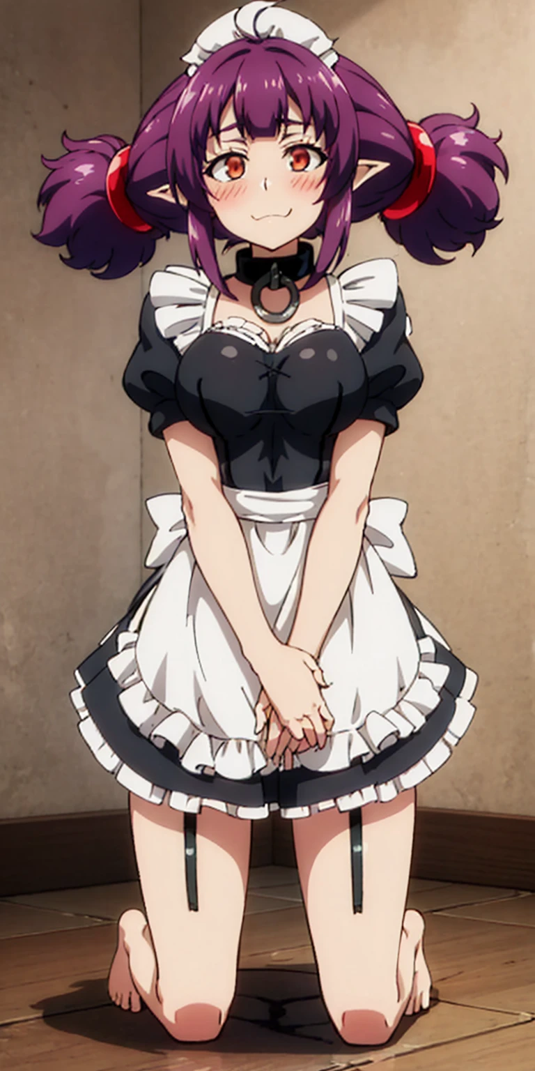 1solo girl female Sherry, cute, maid victorian, maid apron, straight face, dazed, Body position: Standing, straight, symmetrical, barefoot, pointy ears, milf bimbo lustful smirking smile red blush red cheeks, chain leash, kneeling, shackles, leather black collar slave, 2 high ponytails,