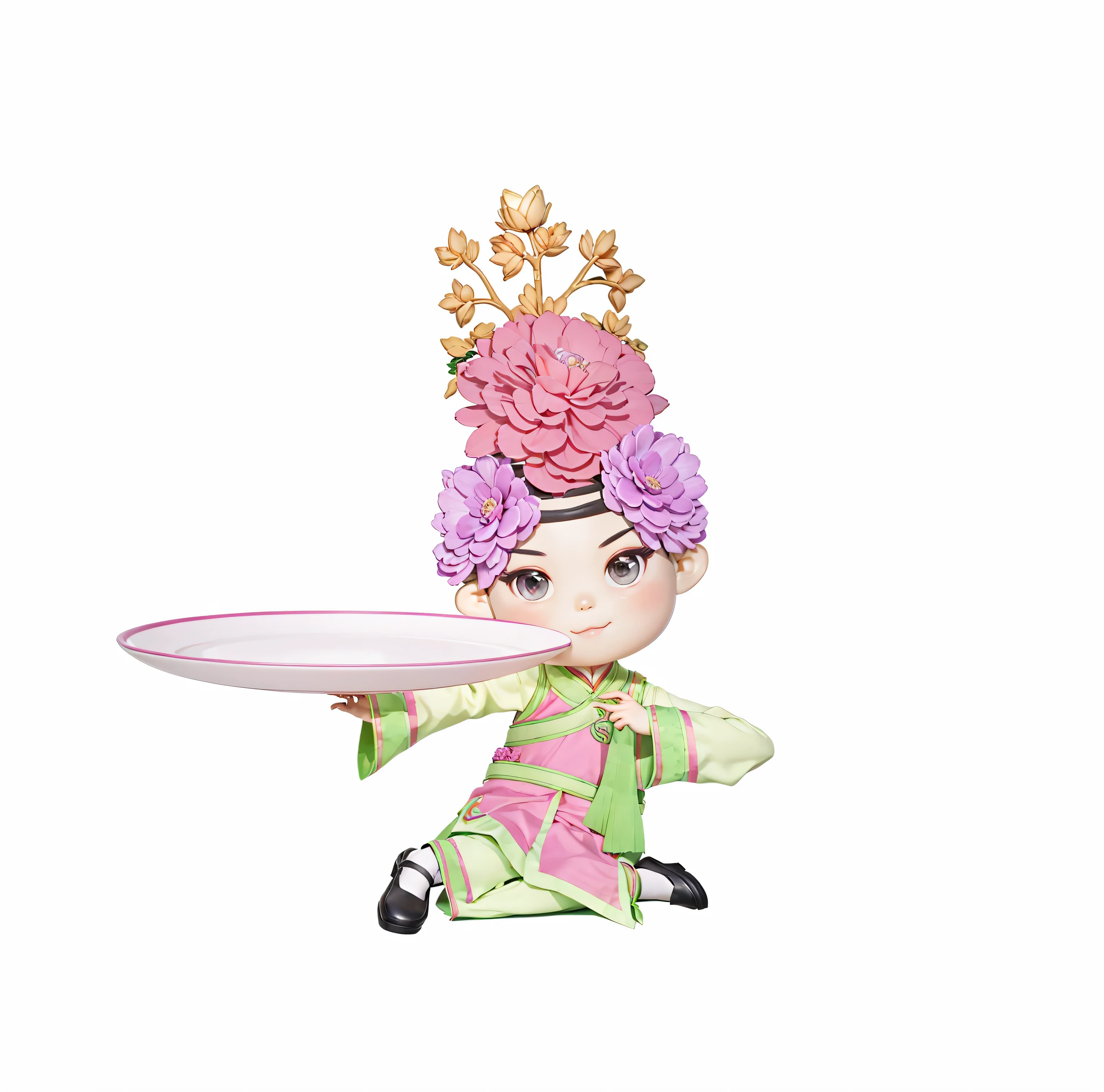 A Chinese girl wearing Yangko costume，flower headdress，Holding the plate with the left hand，Holding the handkerchief in the right hand，black shoes，Tilt your body，sitting cross-legged，Wearing pink and green Chinese Qing Dynasty palace clothes，The overall effect is a Bubble Mart style  box ornament.，3D rendering，Plastic material，Front view，3D effect，Light and shadow effects