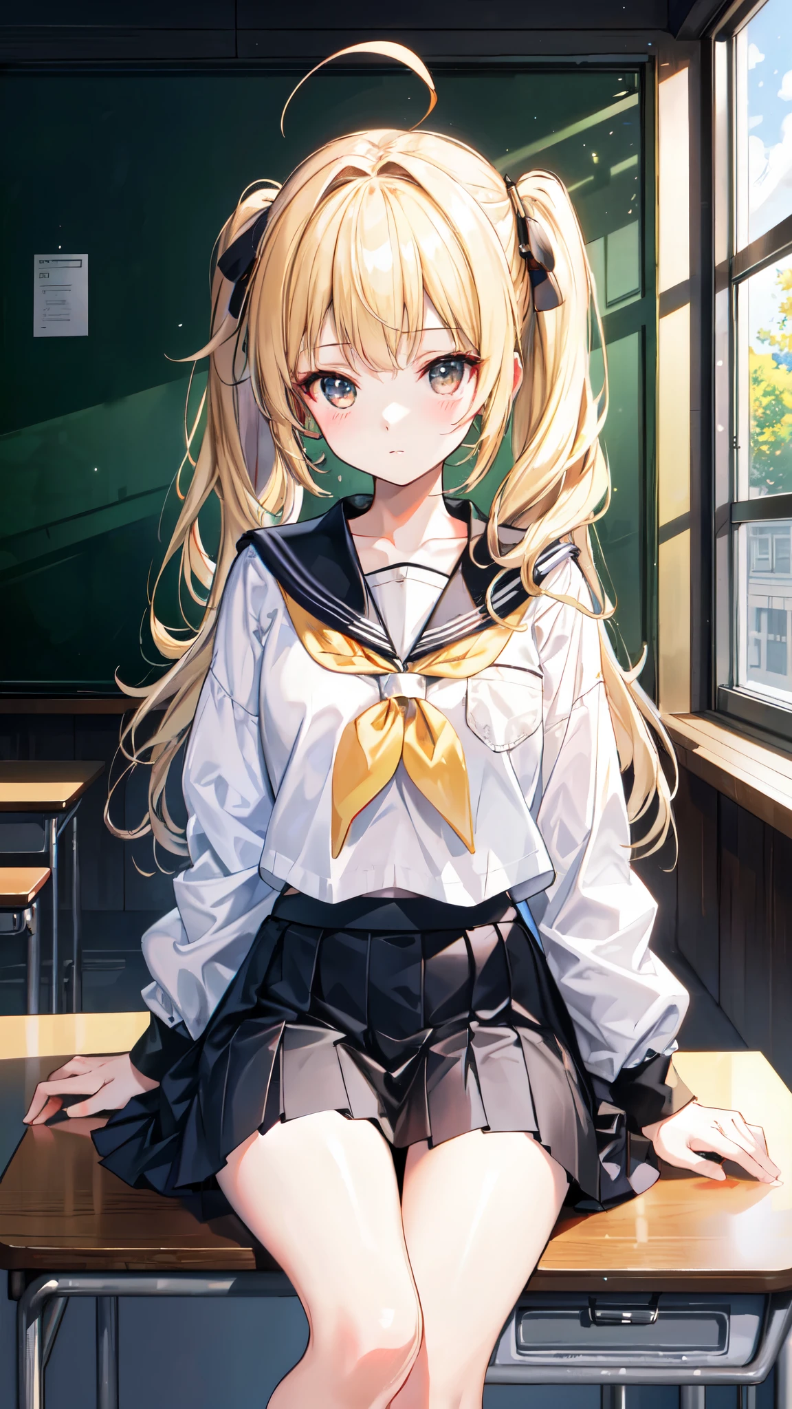 (extremely detailed CG unity 8k wallpaper,masterpiece, best quality, ultra-detailed),school classroom setting,sunlight filtering through trees,beautiful blonde high school girl with twintails and ahoge(D-cup),smartphone in hand,fidgeting with it,beautiful black-haired high school girl,thin and flat-chested, wearing sailor uniform,sitting on chair and having conversation with blonde girl who is sitting on desk,in the evening.
